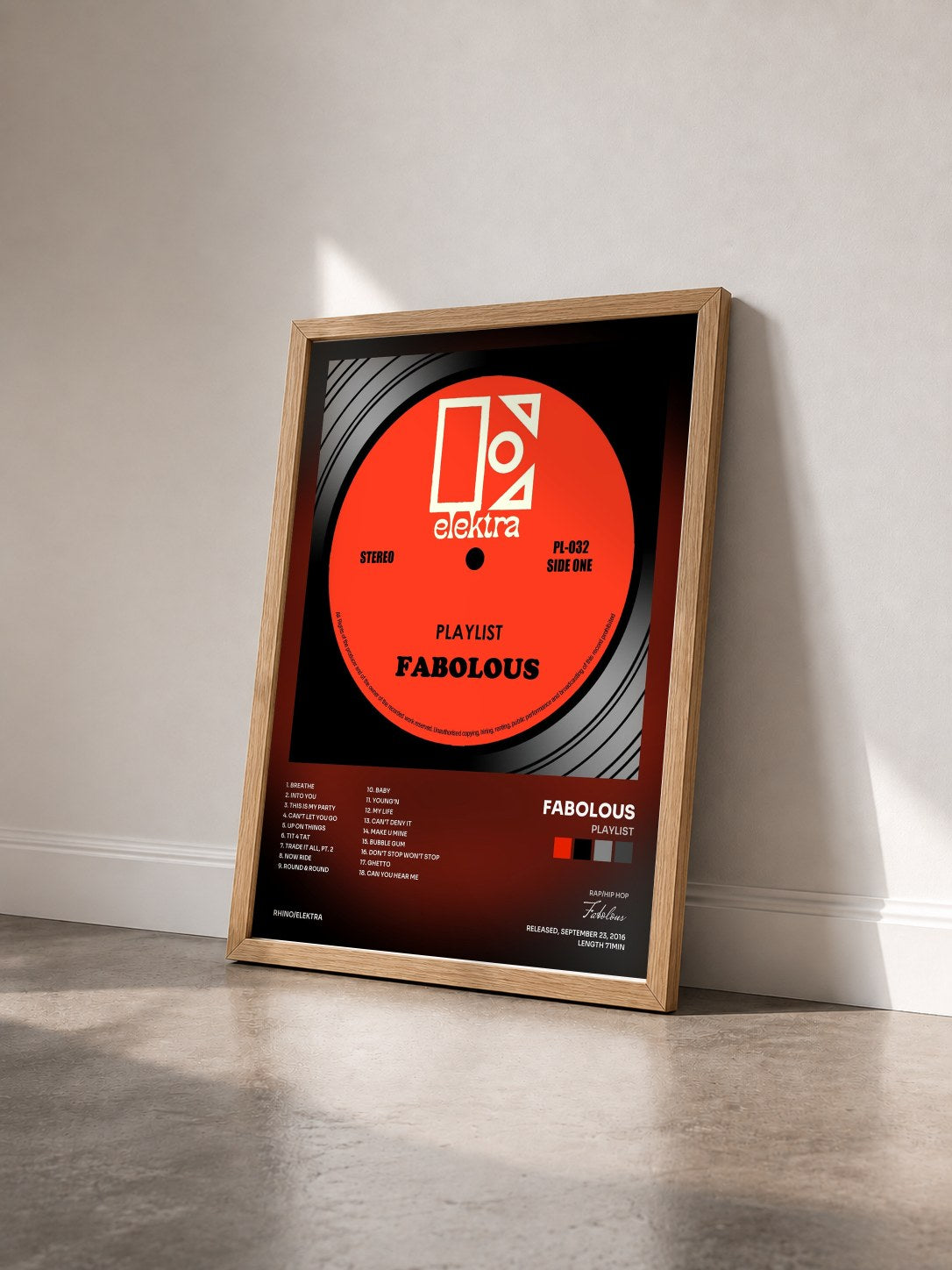 #bois Tableau de l'album Playlist de Fabolous vu de trois quarts, cadre en bois brut