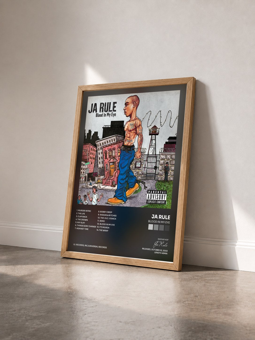 #bois Tableau de l'album Blood In My Eye de Ja Rule vu de trois quarts, cadre en bois brut