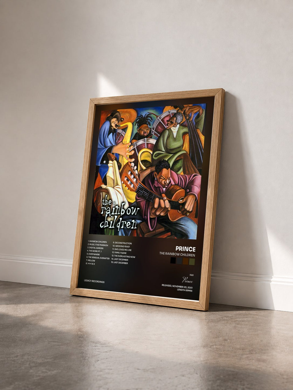 #bois Tableau de l'album The Rainbow Children de Prince vu de trois quarts, cadre en bois brut