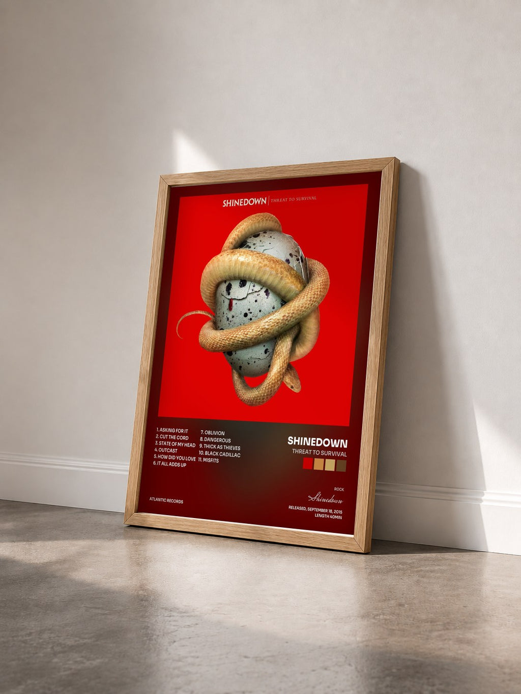 #bois Tableau de l'album Threat to Survival de Shinedown vu de trois quarts, cadre en bois brut