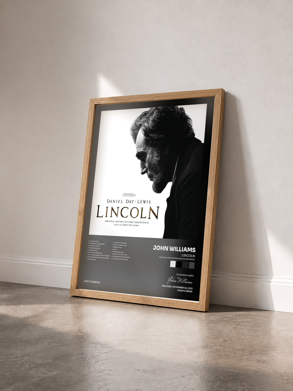 #bois Tableau de l'album Lincoln (Original Motion Picture Soundtrack) de John Williams vu de trois quarts, cadre en bois brut