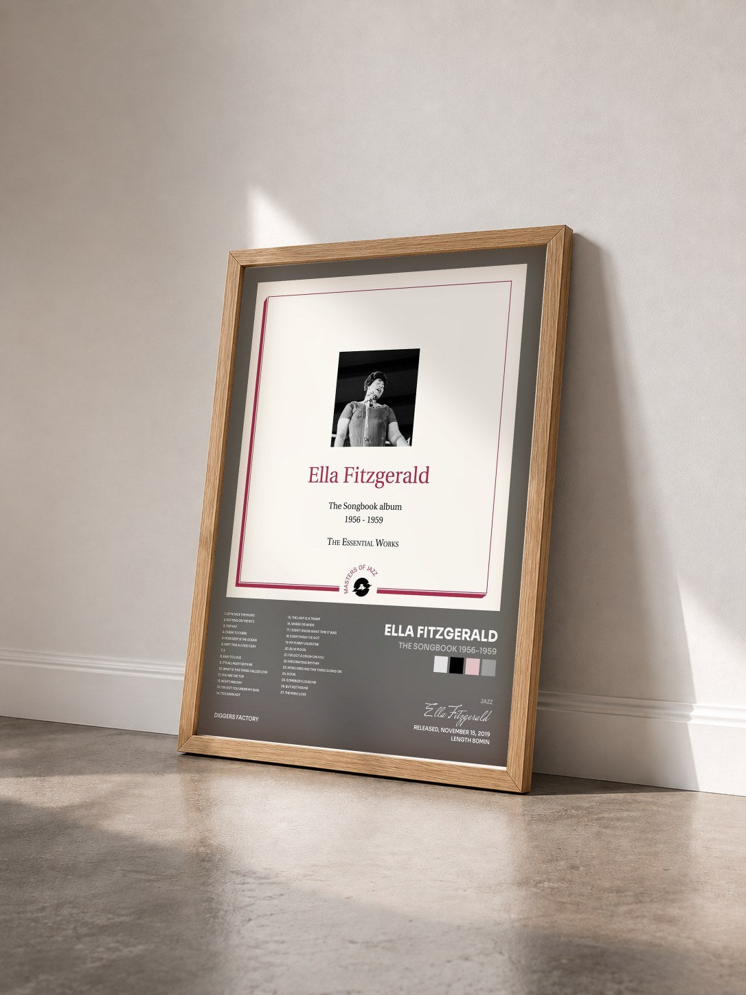 #bois Tableau de l'album The Songbook 1956-1959 de Ella Fitzgerald vu de trois quarts, cadre en bois brut