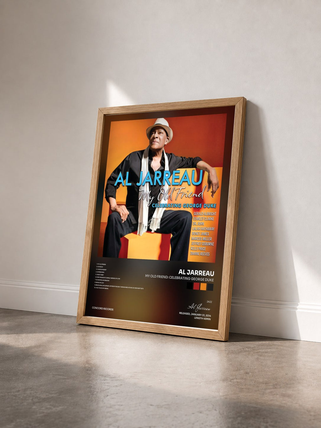 #bois Tableau de l'album My Old Friend: Celebrating George Duke de Al Jarreau vu de trois quarts, cadre en bois brut