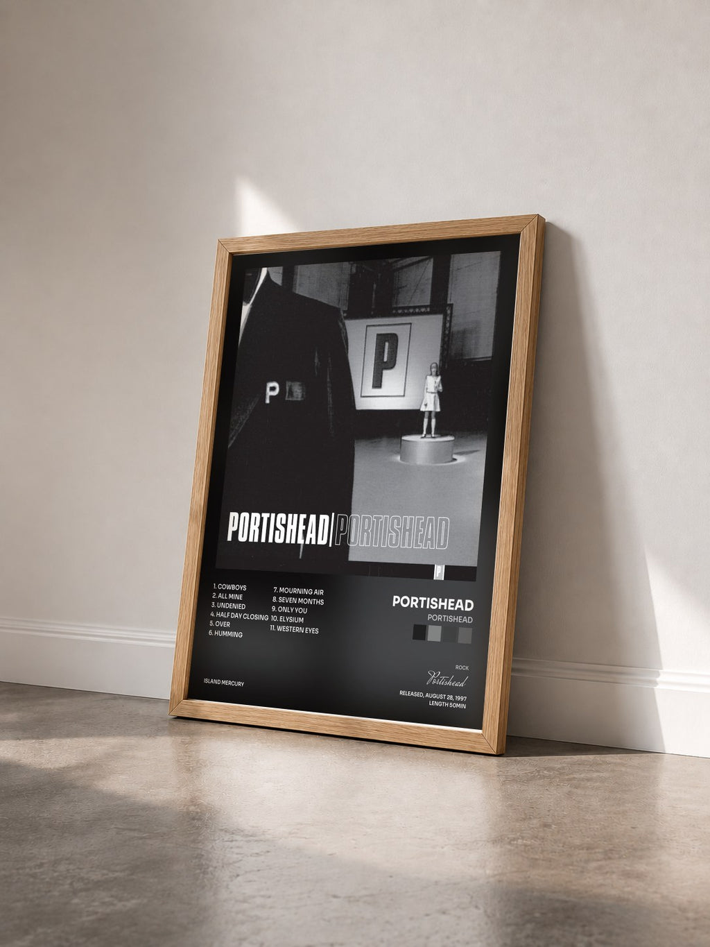 #bois Tableau de l'album Portishead de Portishead vu de trois quarts, cadre en bois brut