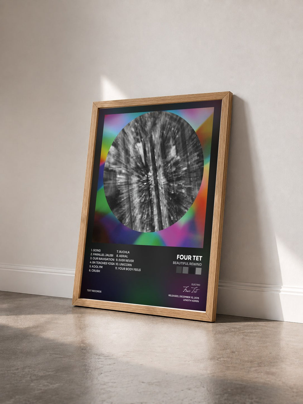 #bois Tableau de l'album Beautiful Rewind de Four Tet vu de trois quarts, cadre en bois brut