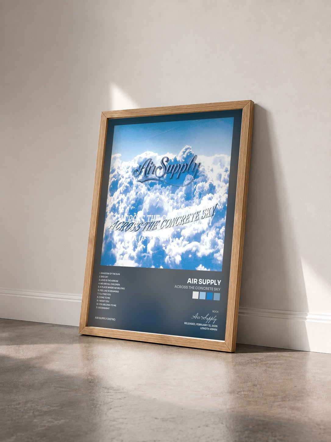 #bois Tableau de l'album Across The Concrete Sky de Air Supply vu de trois quarts, cadre en bois brut