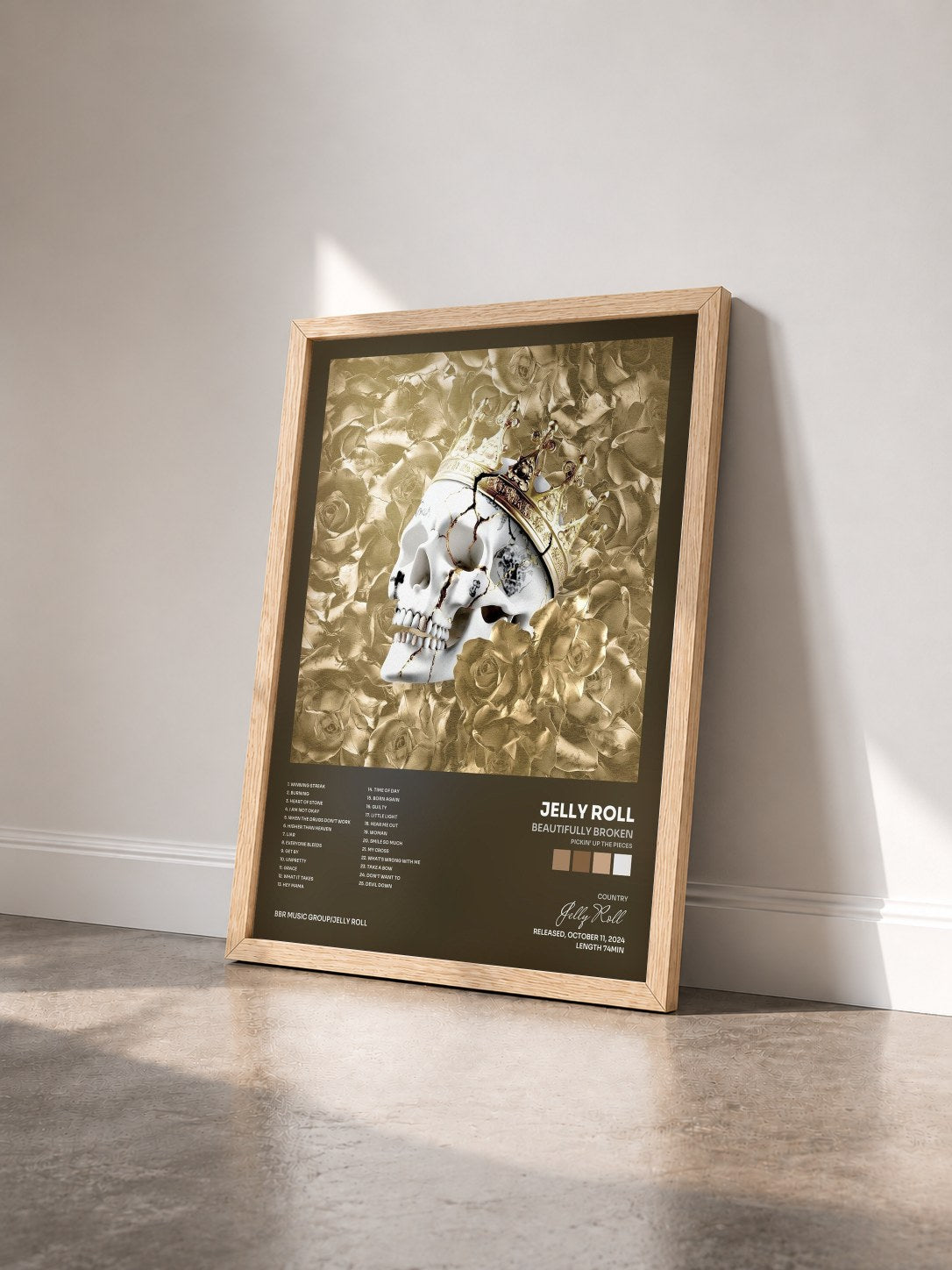#bois Tableau de l'album Beautifully Broken (Pickin’ Up The Pieces) de Jelly Roll vu de trois quarts, cadre en bois brut