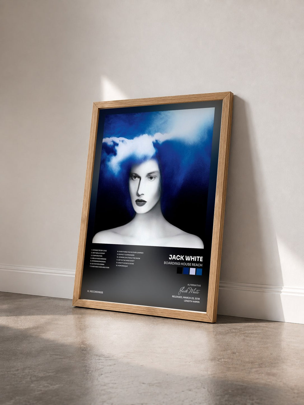 #bois Tableau de l'album Boarding House Reach de Jack White vu de trois quarts, cadre en bois brut