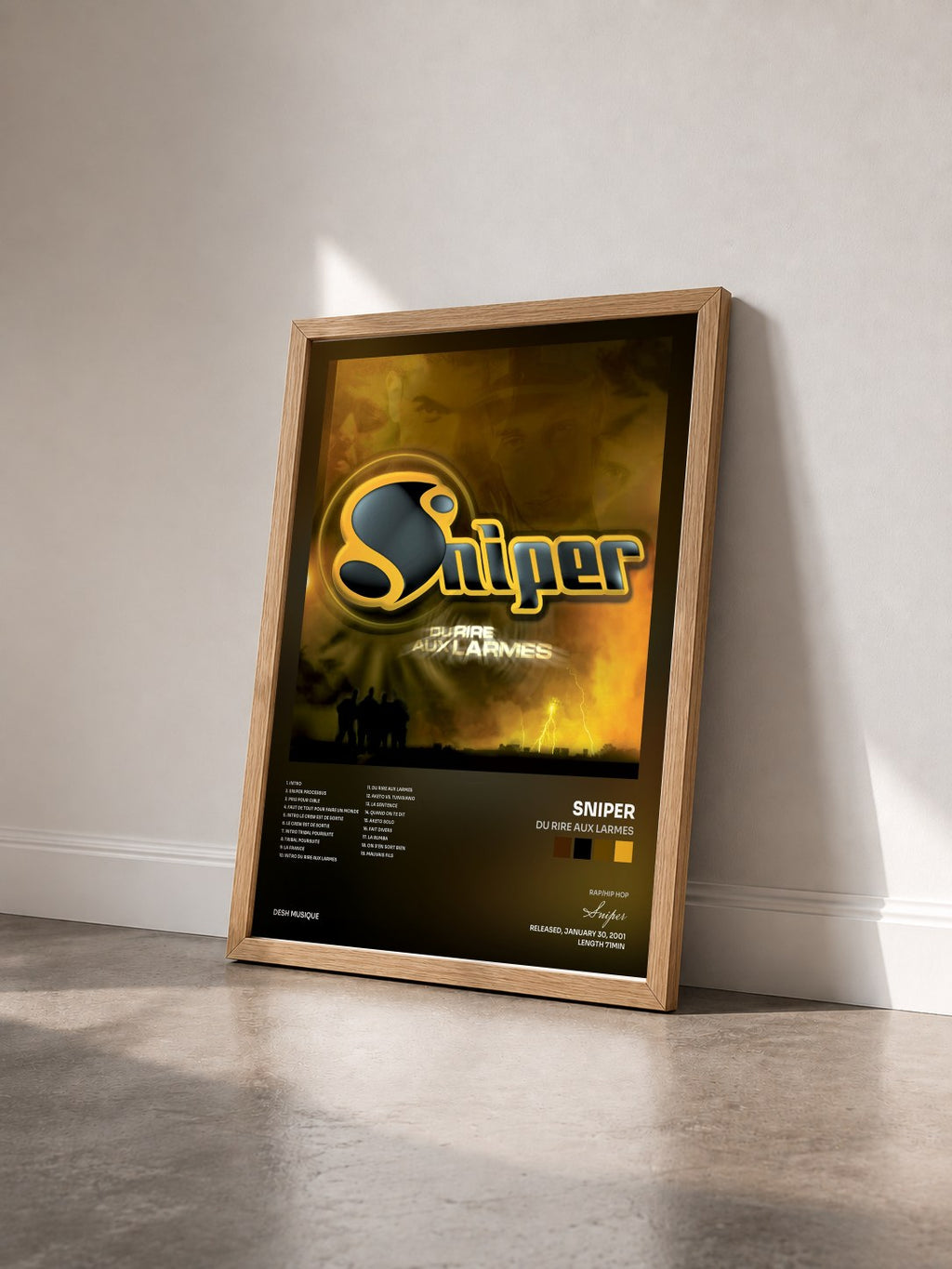 #bois Tableau de l'album Du rire aux larmes de Sniper vu de trois quarts, cadre en bois brut