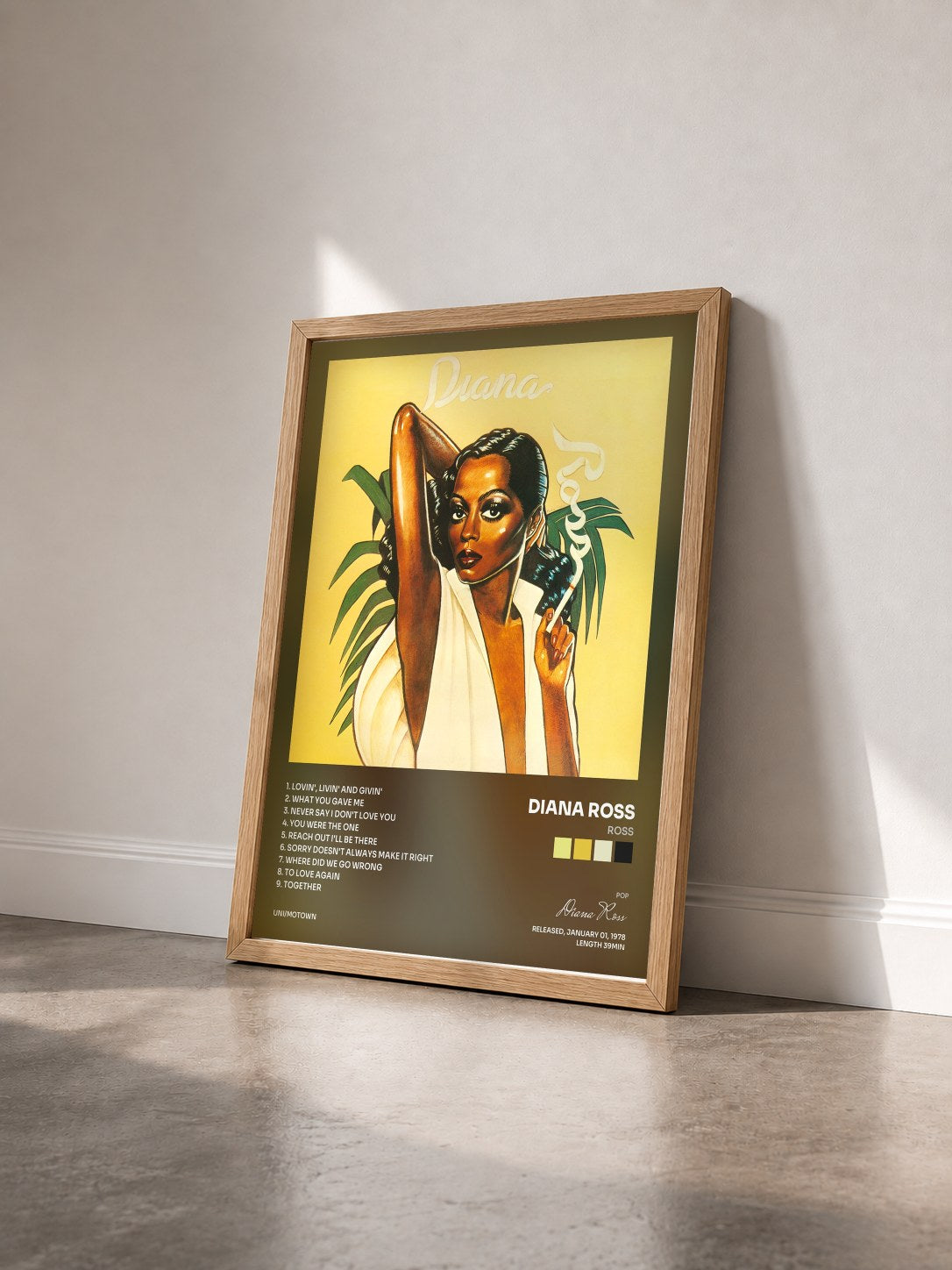#bois Tableau de l'album Ross de Diana Ross vu de trois quarts, cadre en bois brut