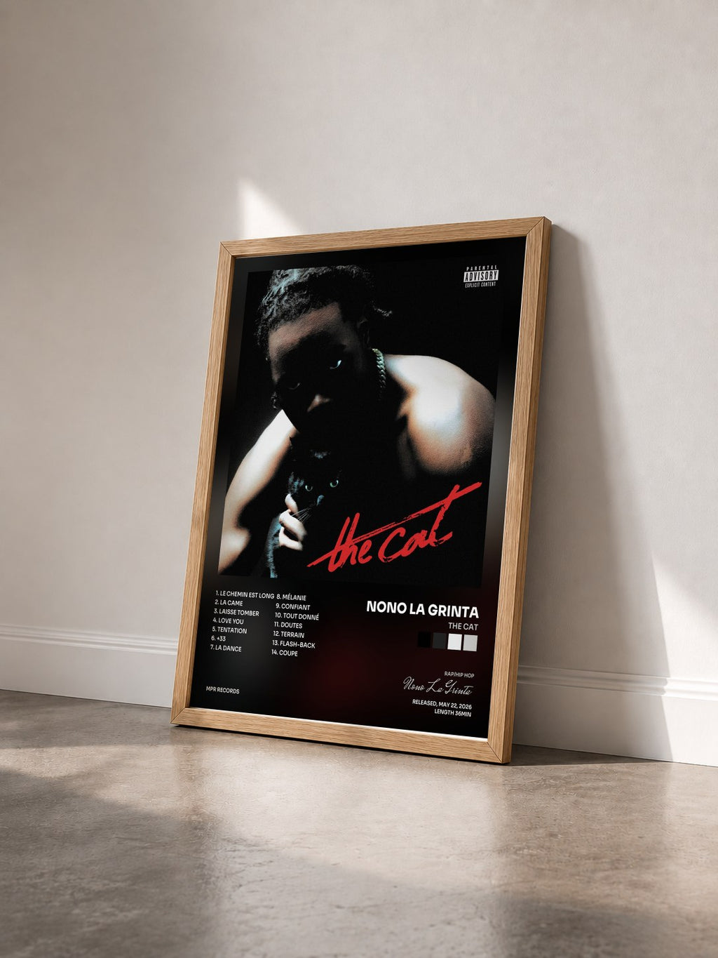 #bois Tableau de l'album The cat de Nono La Grinta vu de trois quarts, cadre en bois brut