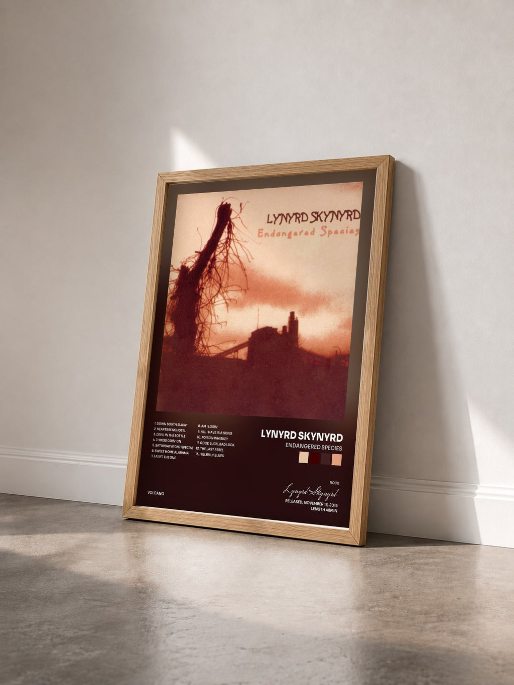 #bois Tableau de l'album Endangered Species de Lynyrd Skynyrd vu de trois quarts, cadre en bois brut