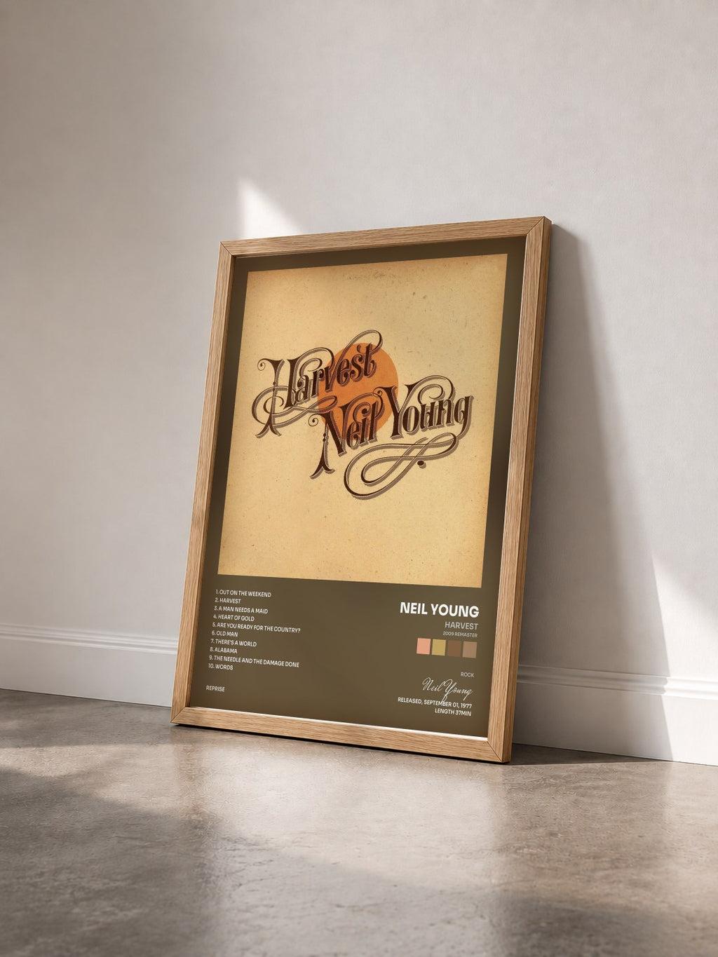 #bois Tableau de l'album Harvest (2009 Remaster) de Neil Young vu de trois quarts, cadre en bois brut