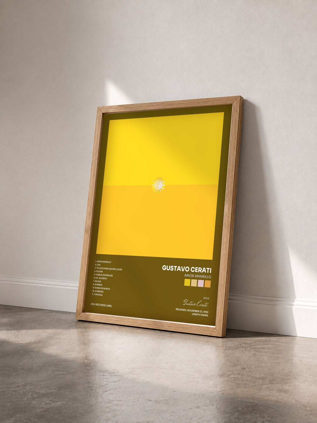 #bois Tableau de l'album Amor Amarillo de Gustavo Cerati vu de trois quarts, cadre en bois brut
