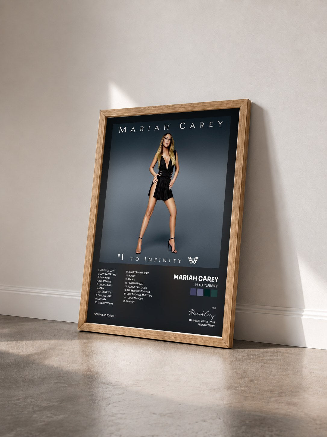#bois Tableau de l'album #1 to Infinity de Mariah Carey vu de trois quarts, cadre en bois brut
