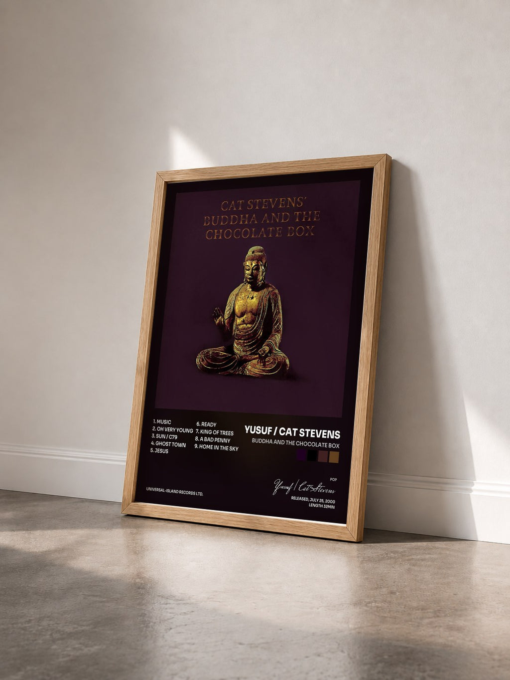 #bois Tableau de l'album Buddha And The Chocolate Box de Yusuf / Cat Stevens vu de trois quarts, cadre en bois brut