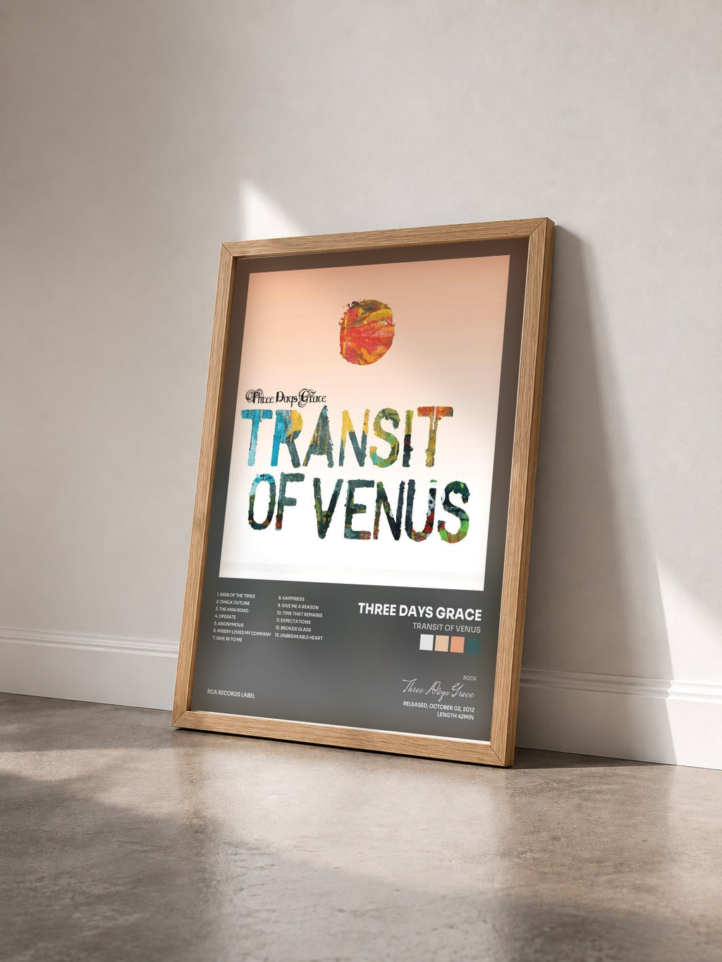 #bois Tableau de l'album Transit Of Venus de Three Days Grace vu de trois quarts, cadre en bois brut