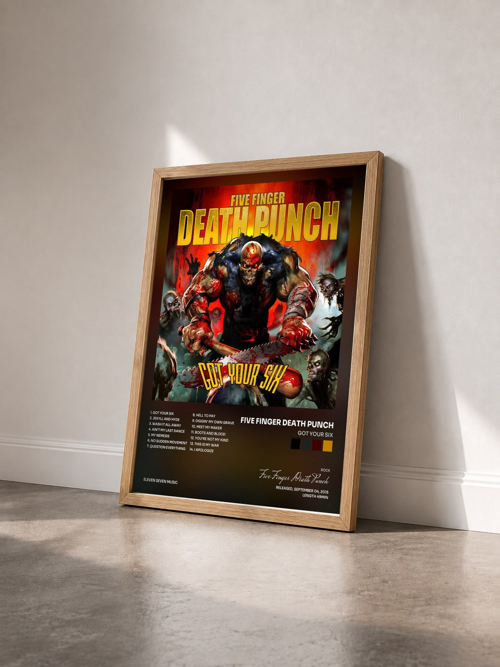 #bois Tableau de l'album Got Your Six de Five Finger Death Punch vu de trois quarts, cadre en bois brut