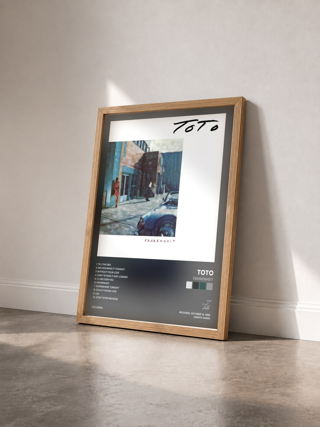 #bois Tableau de l'album Fahrenheit de Toto vu de trois quarts, cadre en bois brut