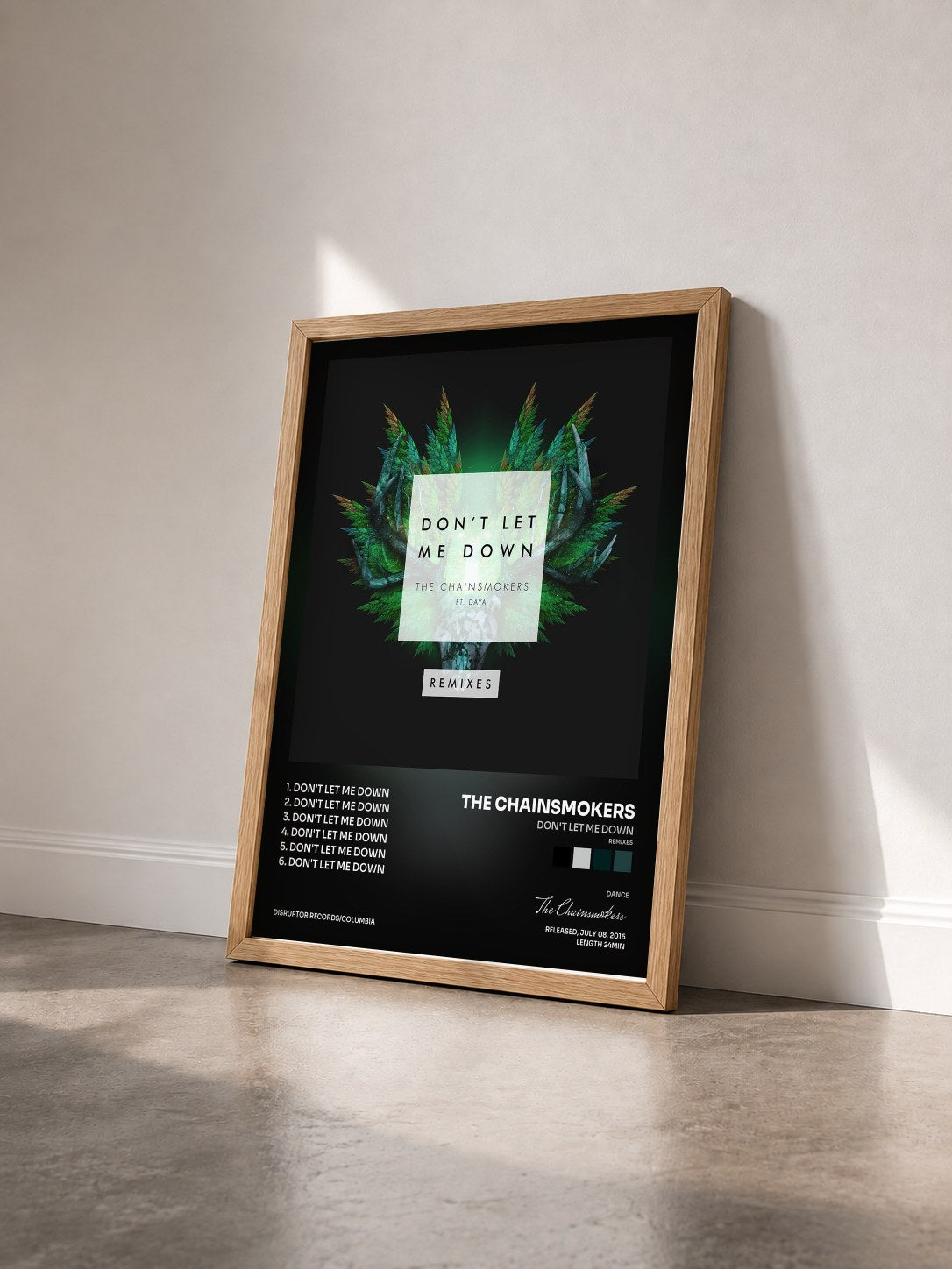 #bois Tableau de l'album Don't Let Me Down (Remixes) de The Chainsmokers vu de trois quarts, cadre en bois brut
