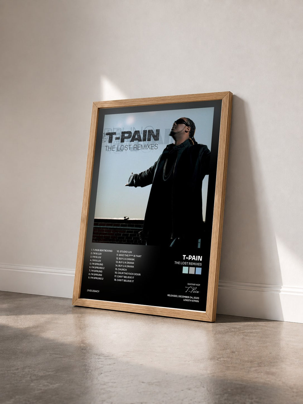 #bois Tableau de l'album The Lost Remixes de T-Pain vu de trois quarts, cadre en bois brut