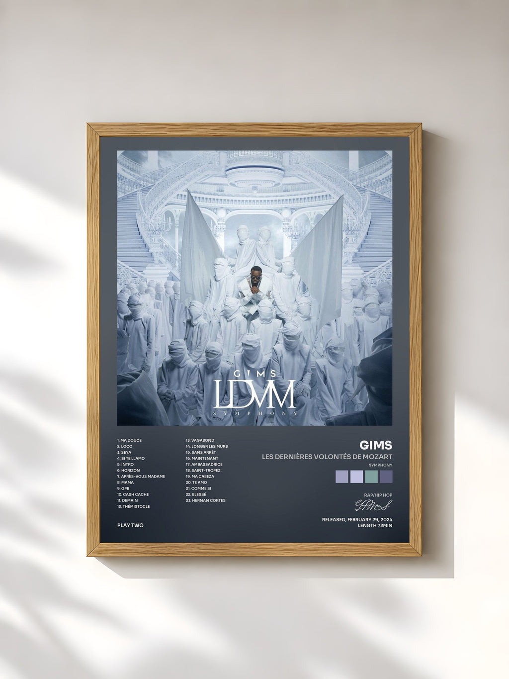 #bois Tableau de l'album LES DERNIÈRES VOLONTÉS DE MOZART (SYMPHONY) de GIMS, cadre en bois brut, imprimé et encadré en France