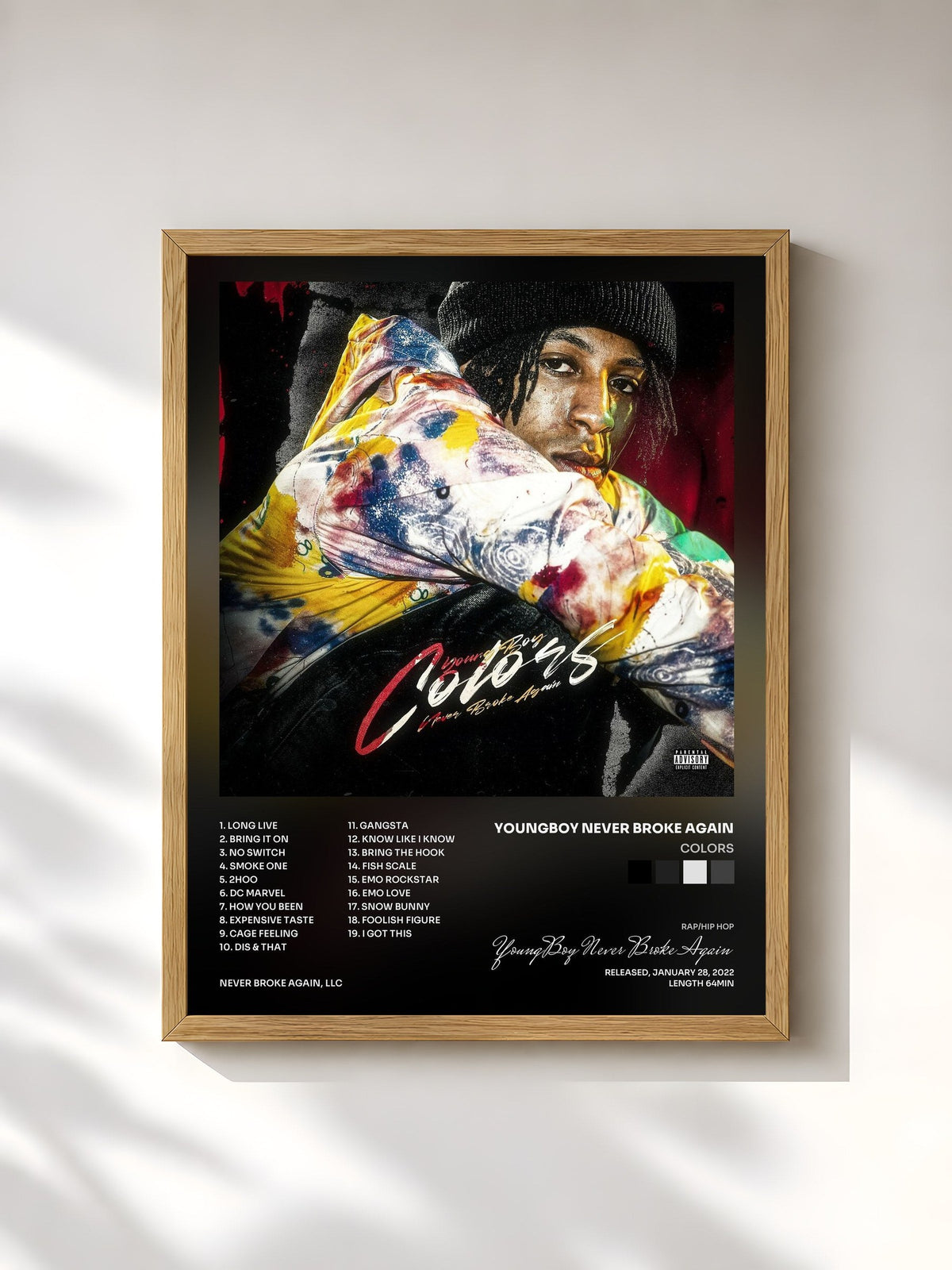 #bois Tableau de l'album Colors de YoungBoy Never Broke Again, cadre en bois brut, imprimé et encadré en France