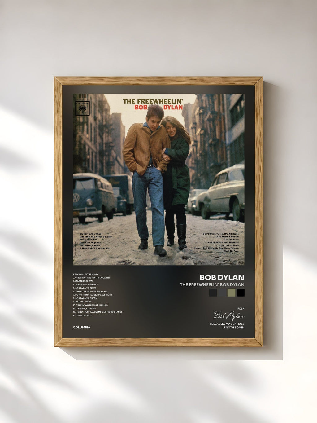 #bois Tableau de l'album The Freewheelin' Bob Dylan de Bob Dylan, cadre en bois brut, imprimé et encadré en France