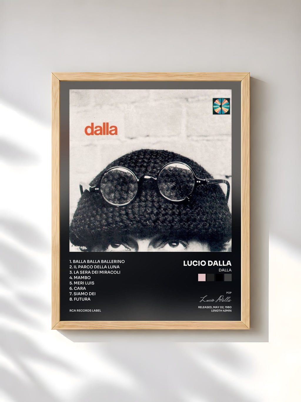 #bois Tableau de l'album Dalla de Lucio Dalla, cadre en bois brut, imprimé et encadré en France