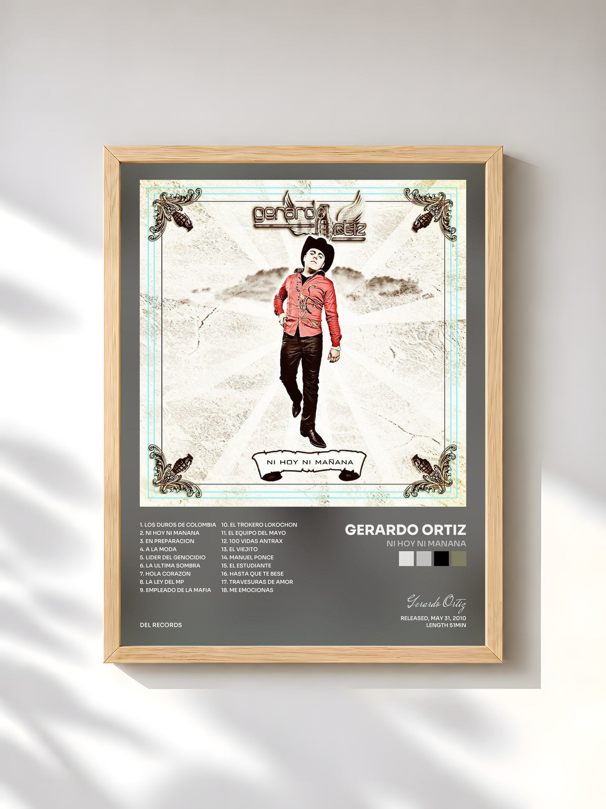 #bois Tableau de l'album Ni Hoy Ni Manana de Gerardo Ortiz, cadre en bois brut, imprimé et encadré en France