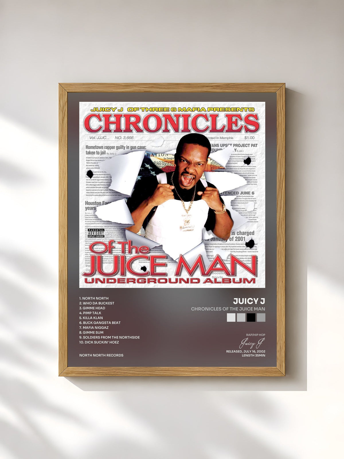 #bois Tableau de l'album Chronicles of the Juice Man de Juicy J, cadre en bois brut, imprimé et encadré en France