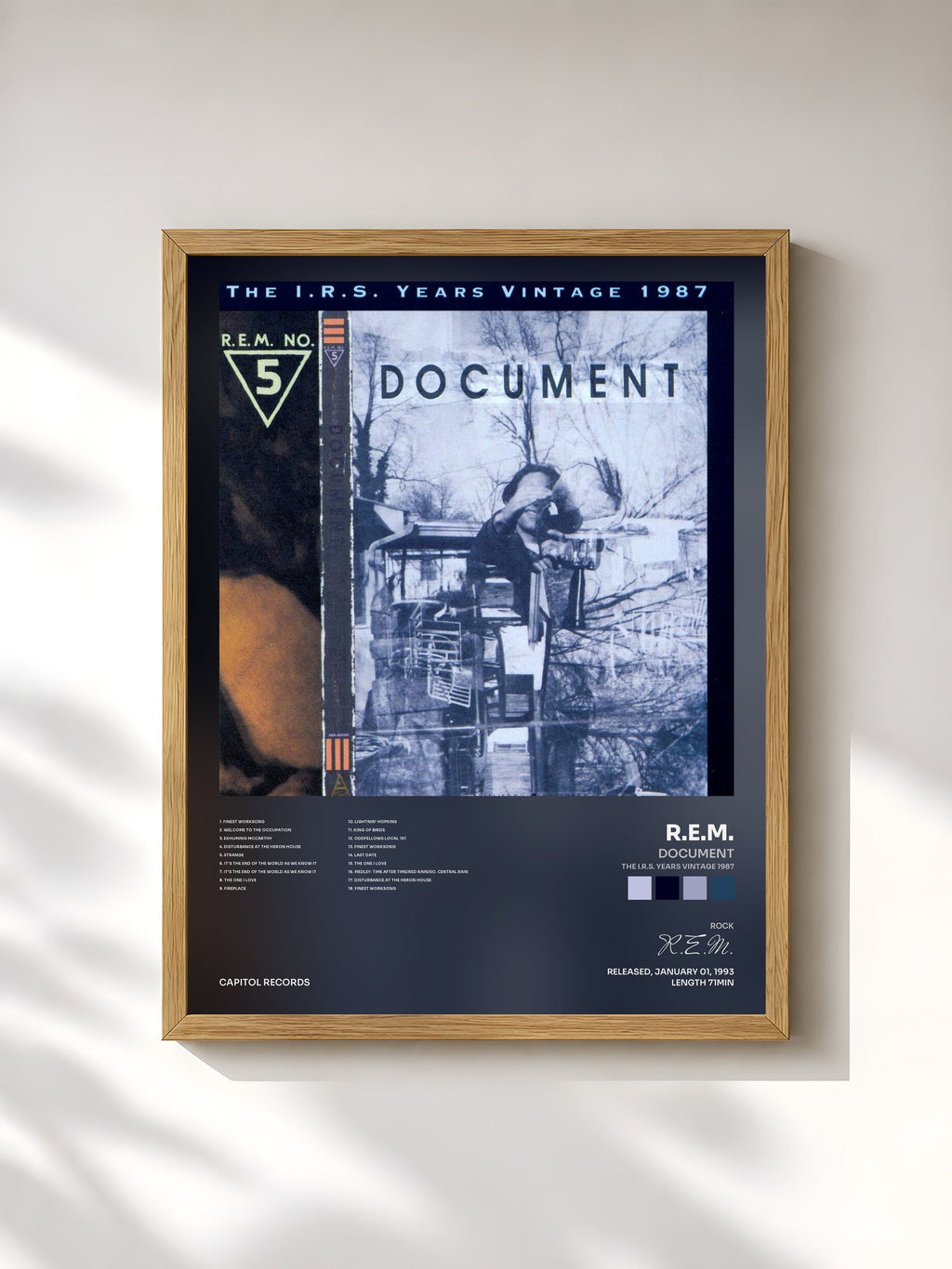 #bois Tableau de l'album Document (The I.R.S. Years Vintage 1987) de R.E.M., cadre en bois brut, imprimé et encadré en France