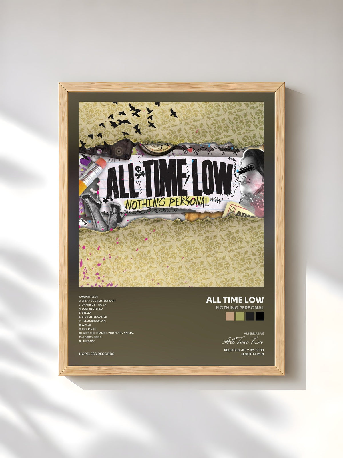 #bois Tableau de l'album Nothing Personal de All Time Low, cadre en bois brut, imprimé et encadré en France