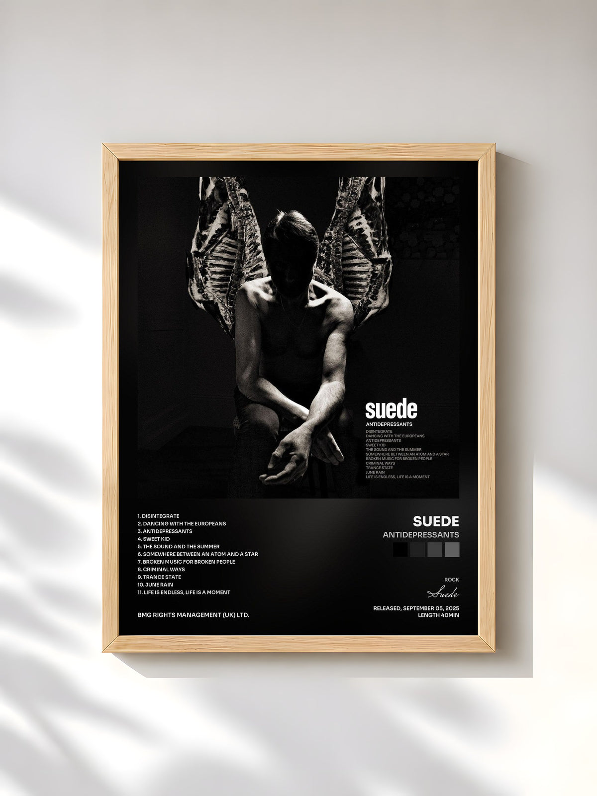 #bois Tableau de l'album Antidepressants de Suede, cadre en bois brut, imprimé et encadré en France