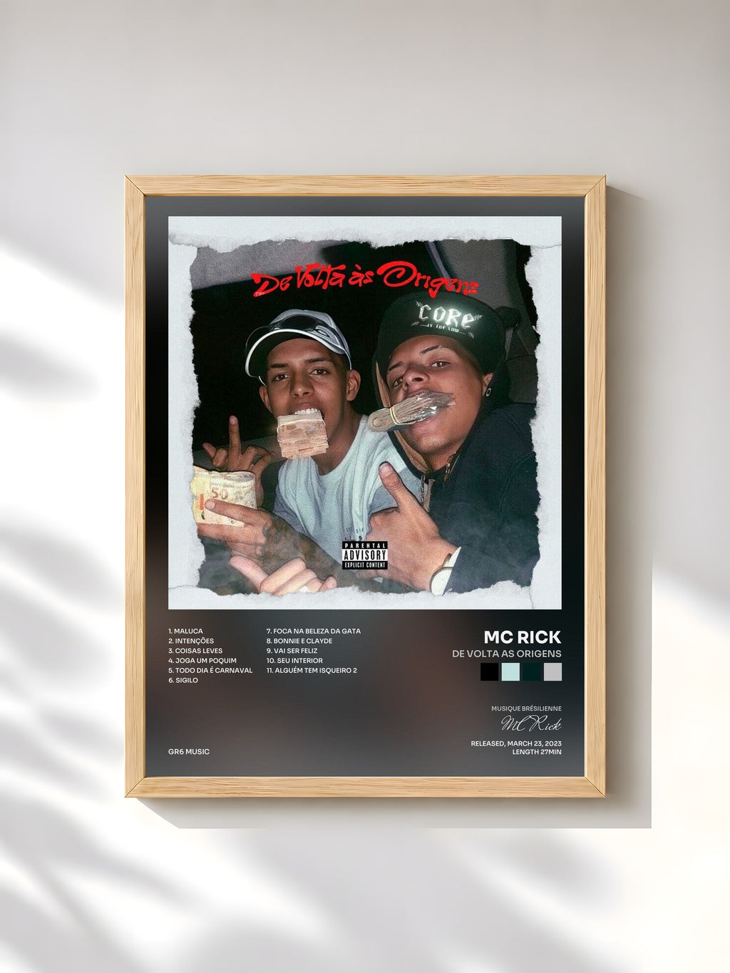 #bois Tableau de l'album De Volta as Origens de MC Rick, cadre en bois brut, imprimé et encadré en France