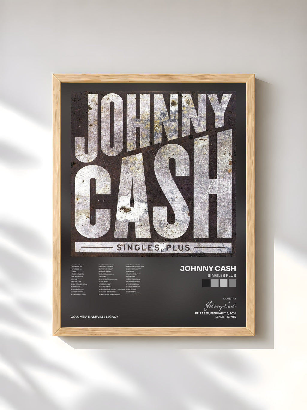 #bois Tableau de l'album Singles Plus de Johnny Cash, cadre en bois brut, imprimé et encadré en France