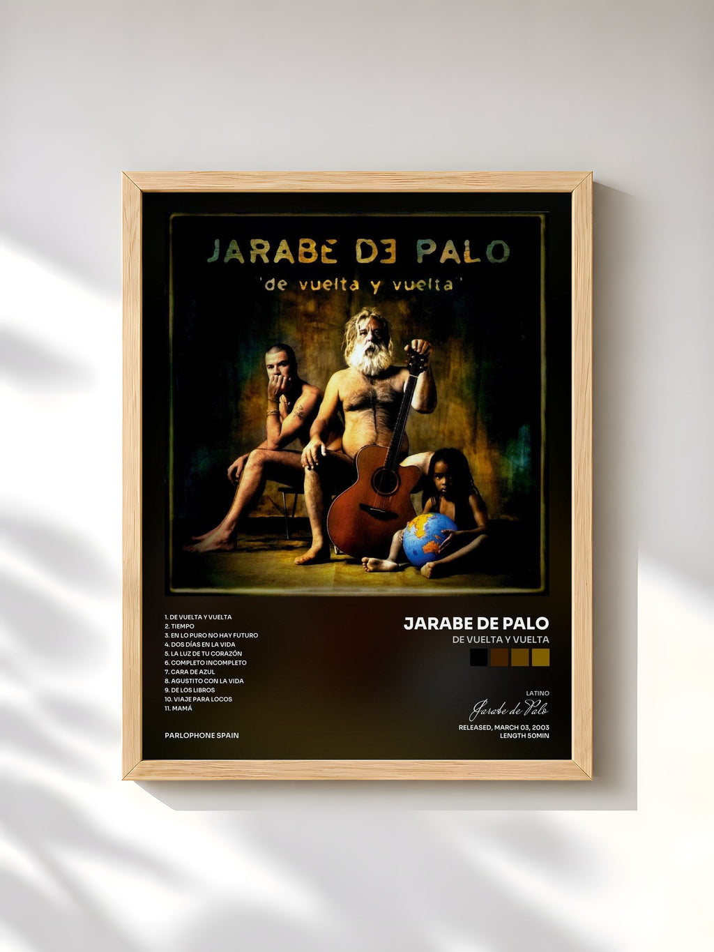 #bois Tableau de l'album De Vuelta Y Vuelta de Jarabe de Palo, cadre en bois brut, imprimé et encadré en France