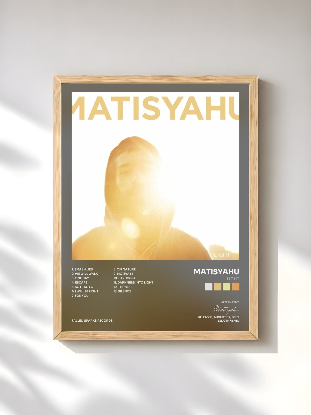 #bois Tableau de l'album Light de Matisyahu, cadre en bois brut, imprimé et encadré en France