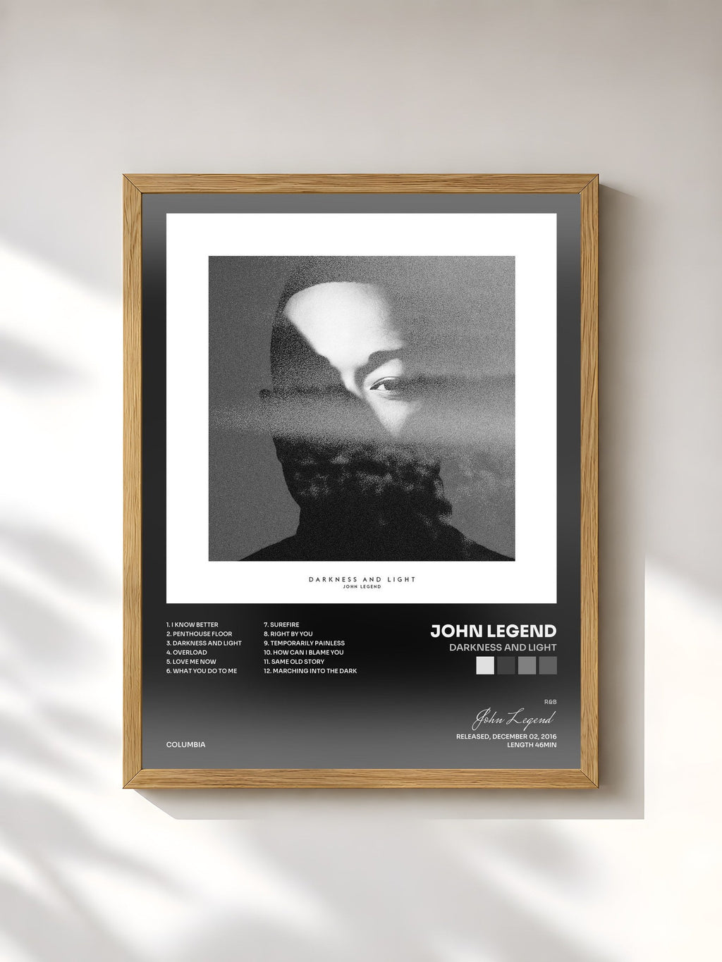 #bois Tableau de l'album DARKNESS AND LIGHT de John Legend, cadre en bois brut, imprimé et encadré en France