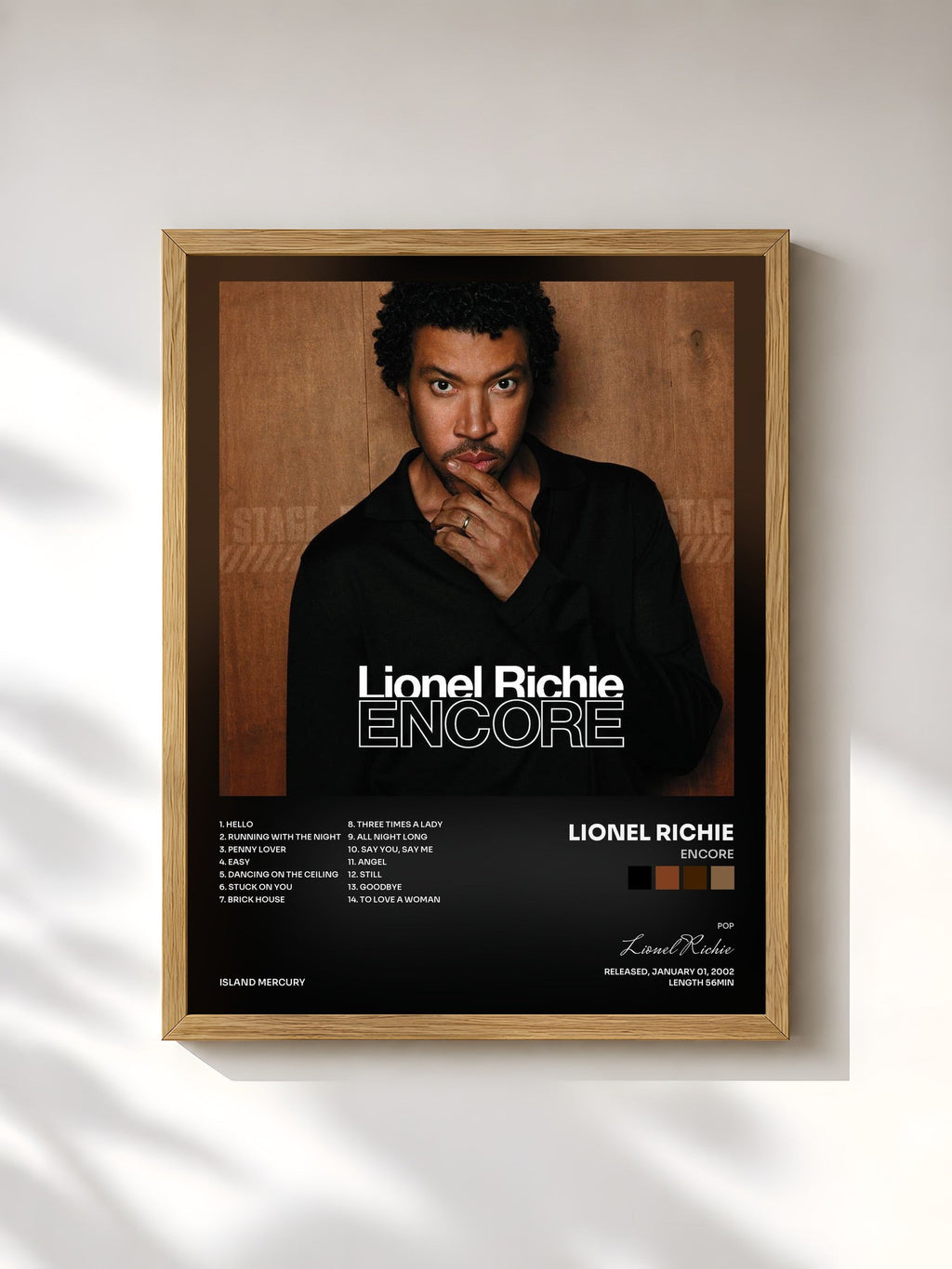#bois Tableau de l'album Encore de Lionel Richie, cadre en bois brut, imprimé et encadré en France