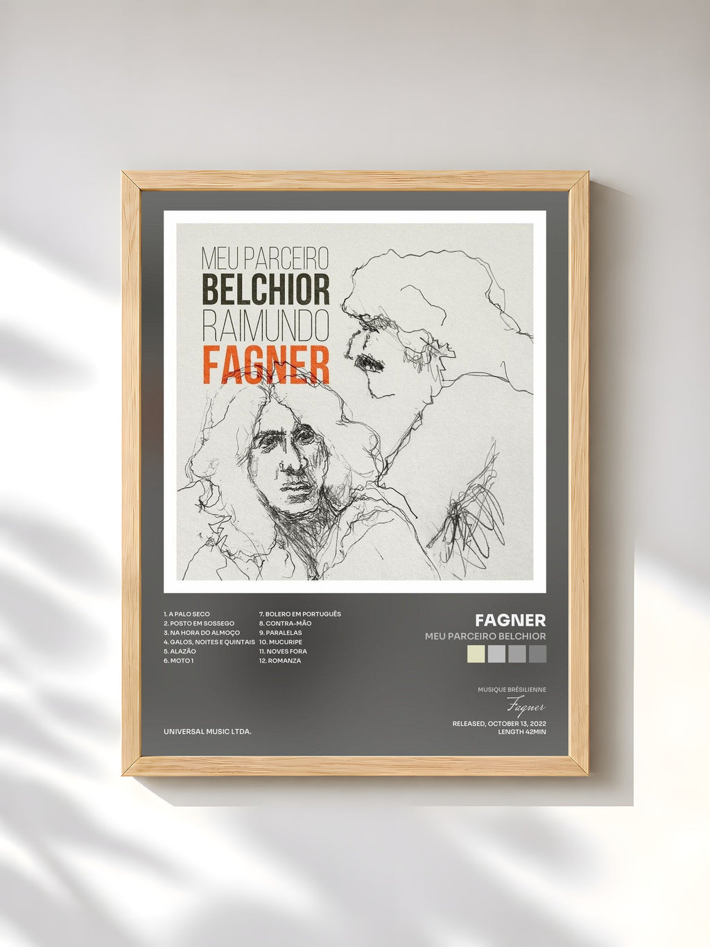 #bois Tableau de l'album Meu Parceiro Belchior de Fagner, cadre en bois brut, imprimé et encadré en France