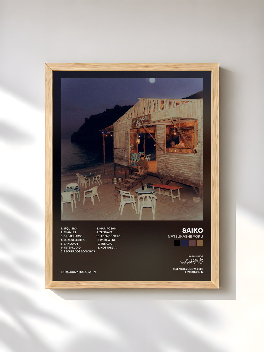 #bois Tableau de l'album NATSUKASHII YORU de SAIKO, cadre en bois brut, imprimé et encadré en France