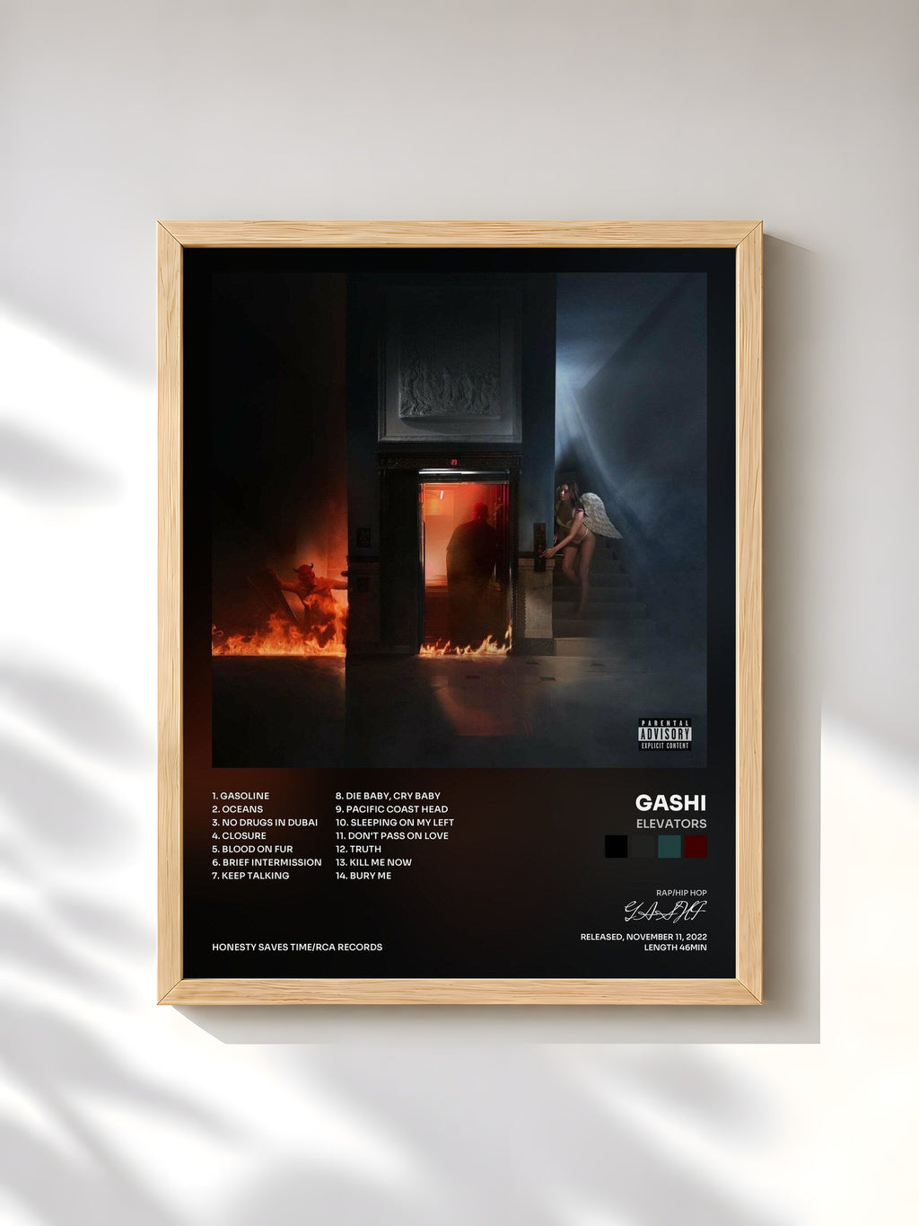 #bois Tableau de l'album ELEVATORS de GASHI, cadre en bois brut, imprimé et encadré en France