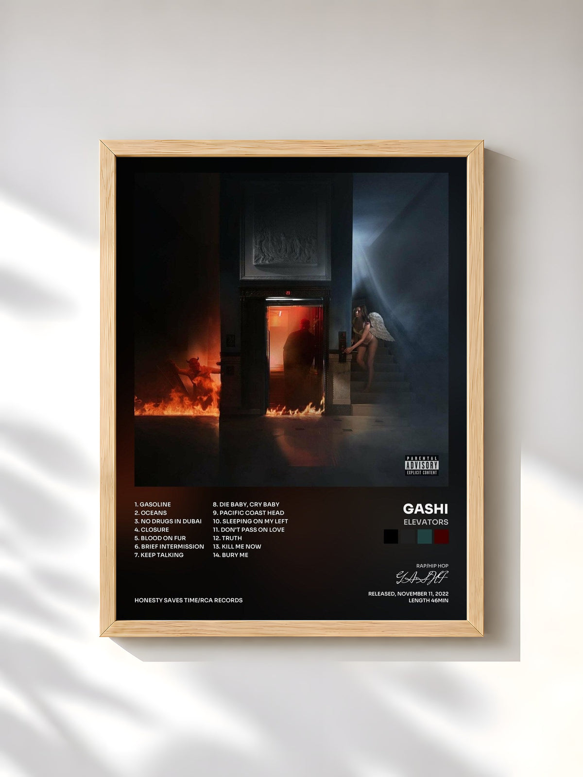 #bois Tableau de l'album ELEVATORS de GASHI, cadre en bois brut, imprimé et encadré en France