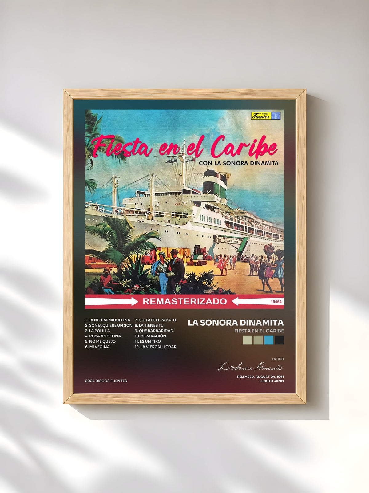 #bois Tableau de l'album Fiesta en El Caribe de La Sonora Dinamita, cadre en bois brut, imprimé et encadré en France