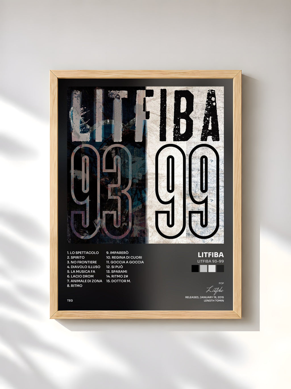 #bois Tableau de l'album LITFIBA 93-99 de Litfiba, cadre en bois brut, imprimé et encadré en France