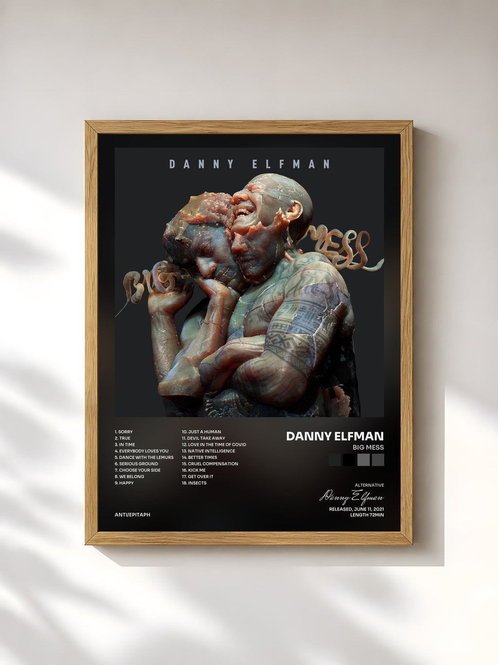#bois Tableau de l'album Big Mess de Danny Elfman, cadre en bois brut, imprimé et encadré en France