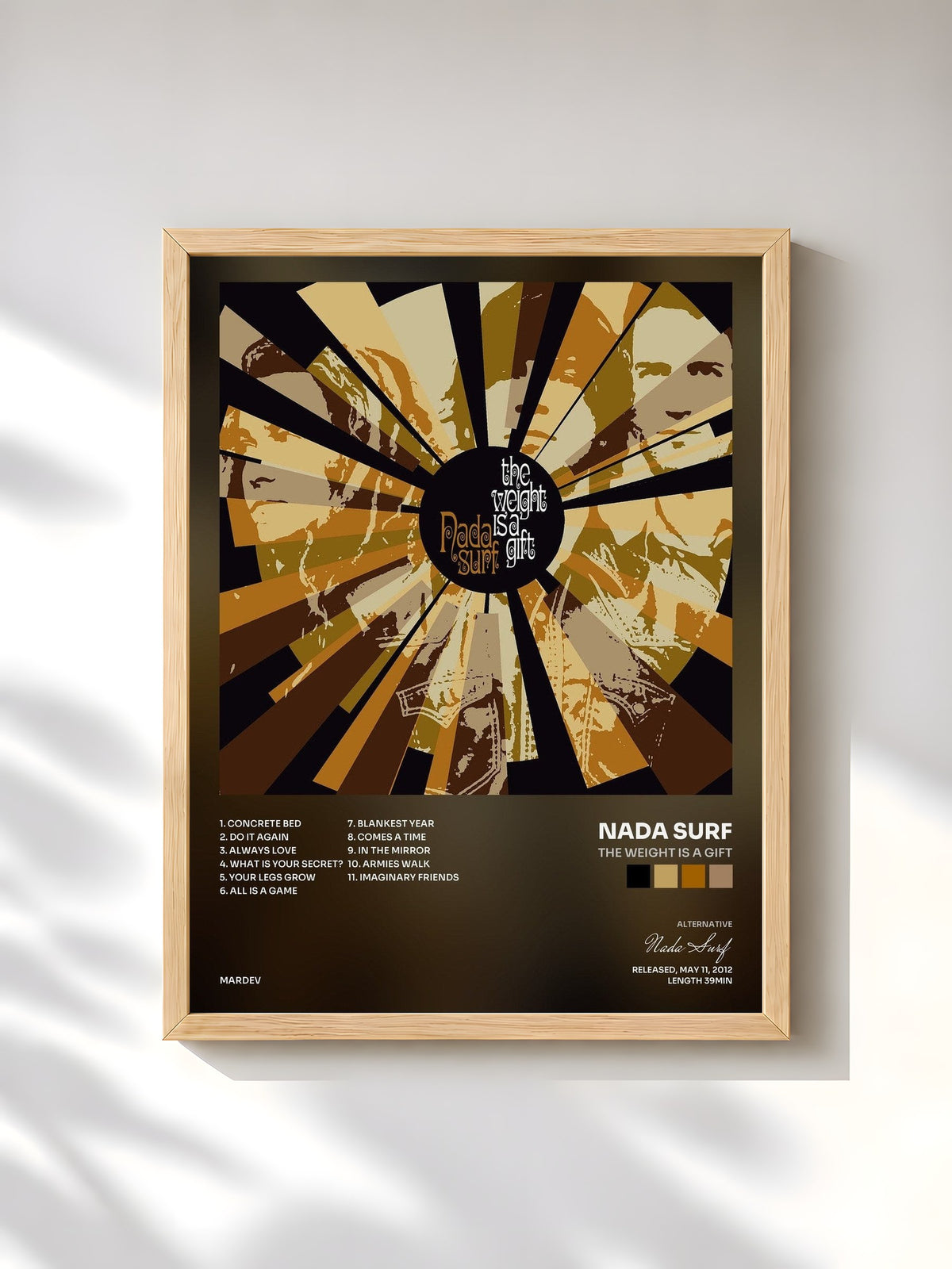 #bois Tableau de l'album The Weight Is a Gift de Nada Surf, cadre en bois brut, imprimé et encadré en France