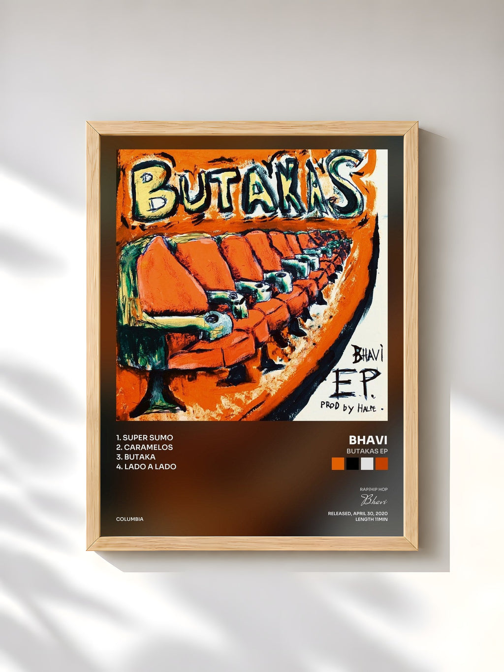 #bois Tableau de l'album BUTAKAS EP de Bhavi, cadre en bois brut, imprimé et encadré en France