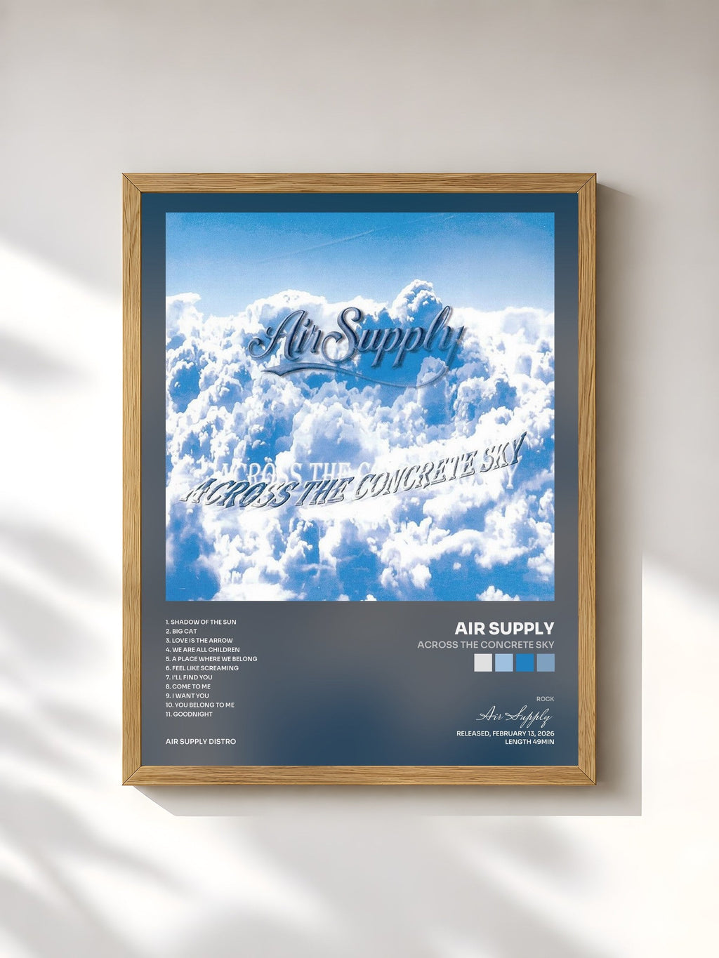 #bois Tableau de l'album Across The Concrete Sky de Air Supply, cadre en bois brut, imprimé et encadré en France
